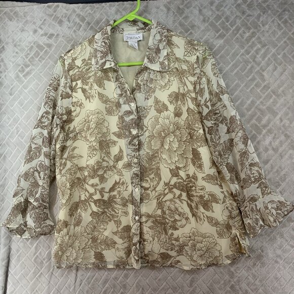 Jordan Womens L Blouse Beige Floral Button Up 3/4 Sleeve Ruffle Lined Chiffon - Picture 1 of 14